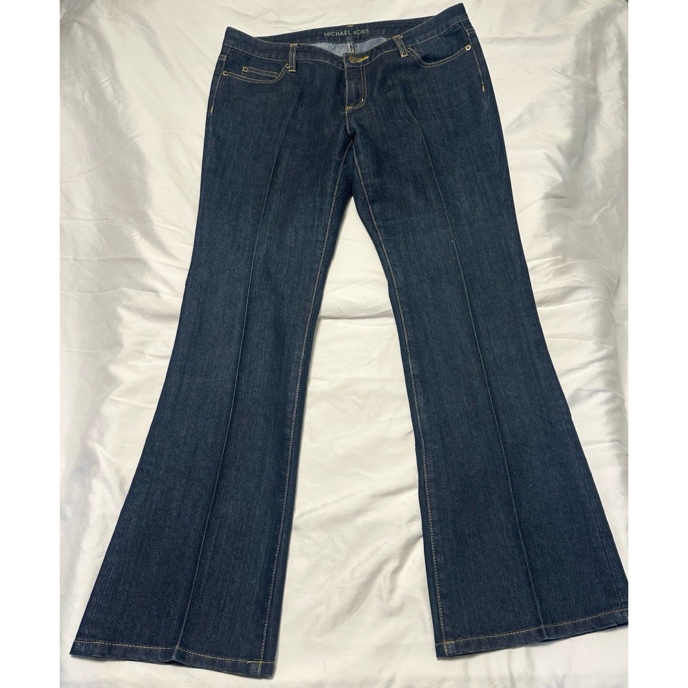 Michael Kors Flared Jeans Dark Blue Denim Petites 10P Logo Button Pockets
